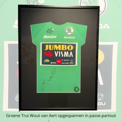 Groene wielertrui ingelijst in een baklijst