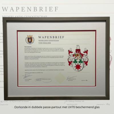 Ingelijste oorkonde met dubbele passe-partout en UV-werend glas